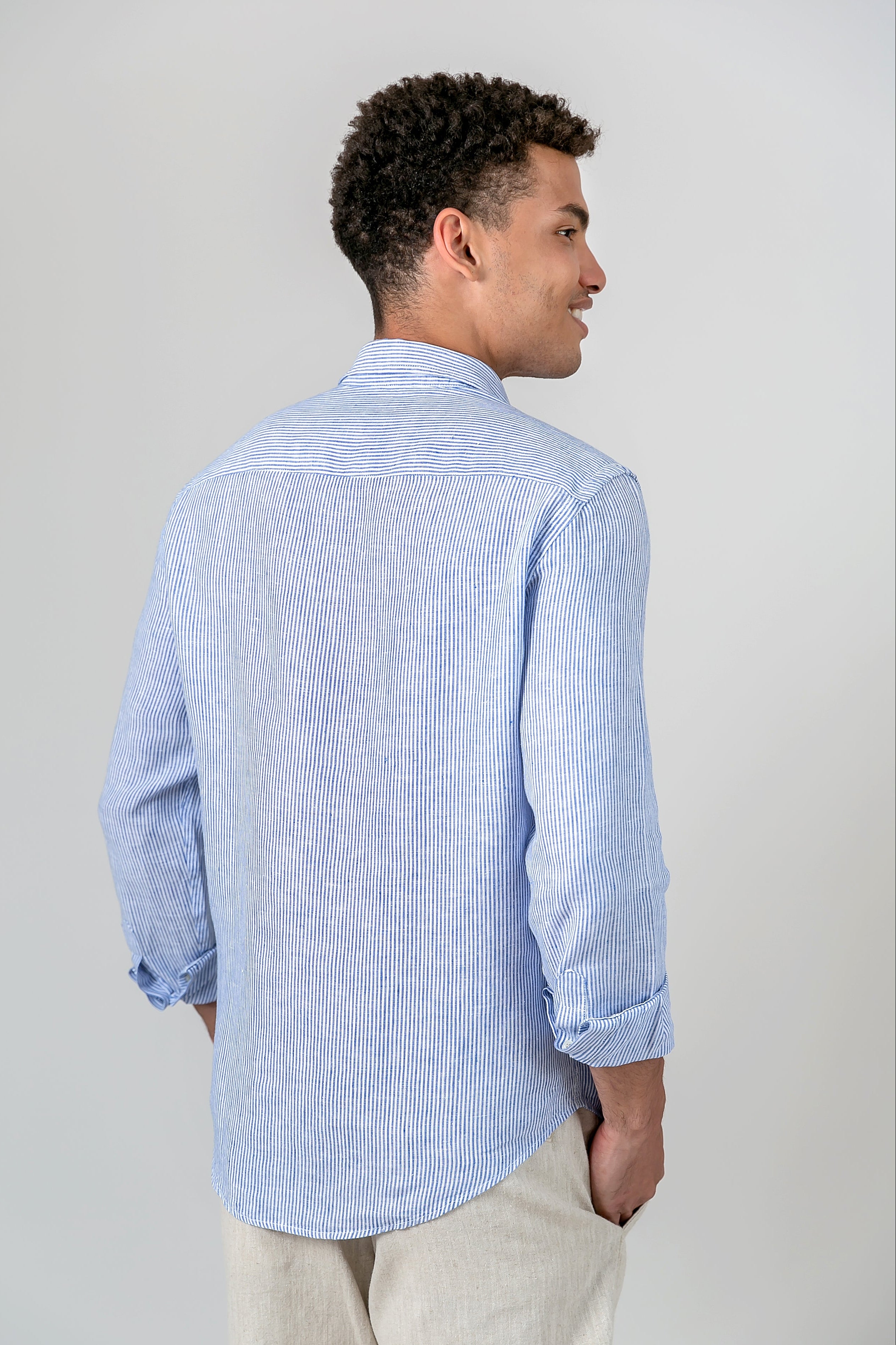 Camisa 100% Linho Listra Larga Azul ML