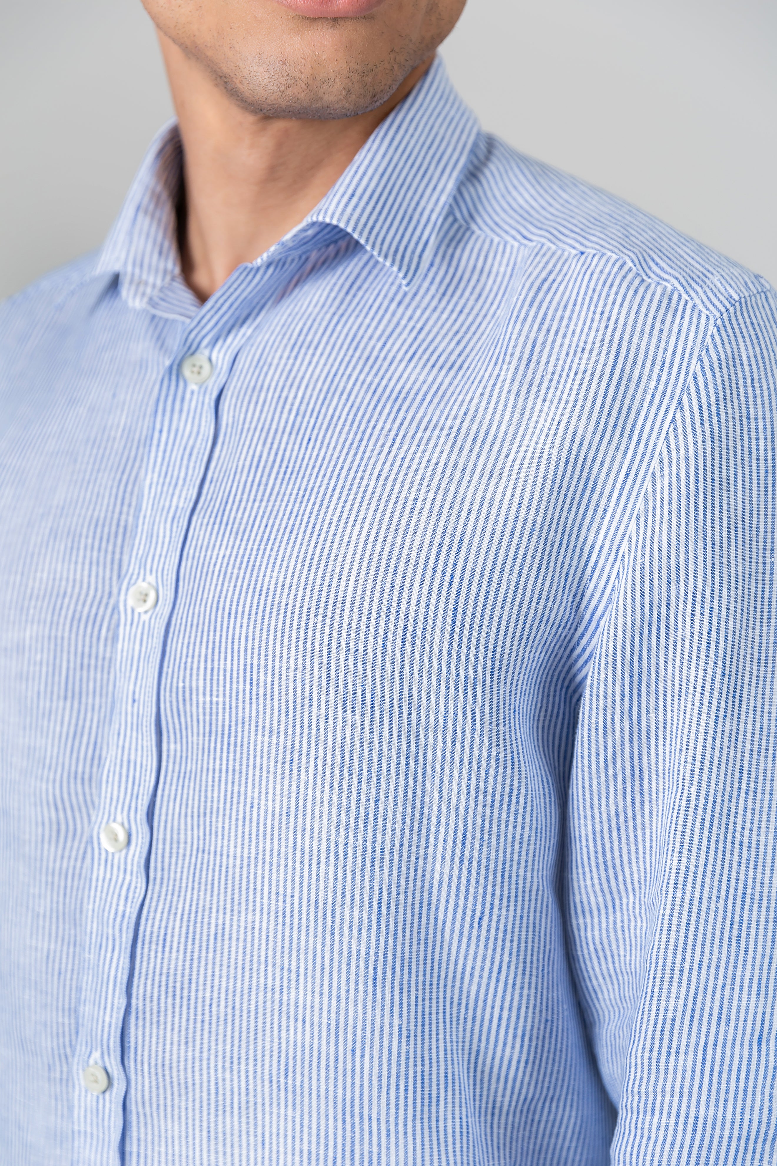 Camisa 100% Linho Listra Larga Azul ML