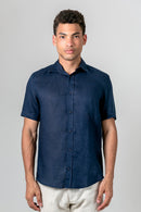 Camisa 100% Linho Lisa Azul Escuro MC
