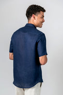 Camisa 100% Linho Lisa Azul Escuro MC