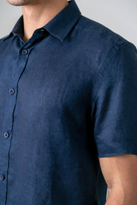 Camisa 100% Linho Lisa Azul Escuro MC