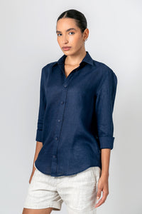 Camisa 100% Linho Lisa Azul Escuro ML