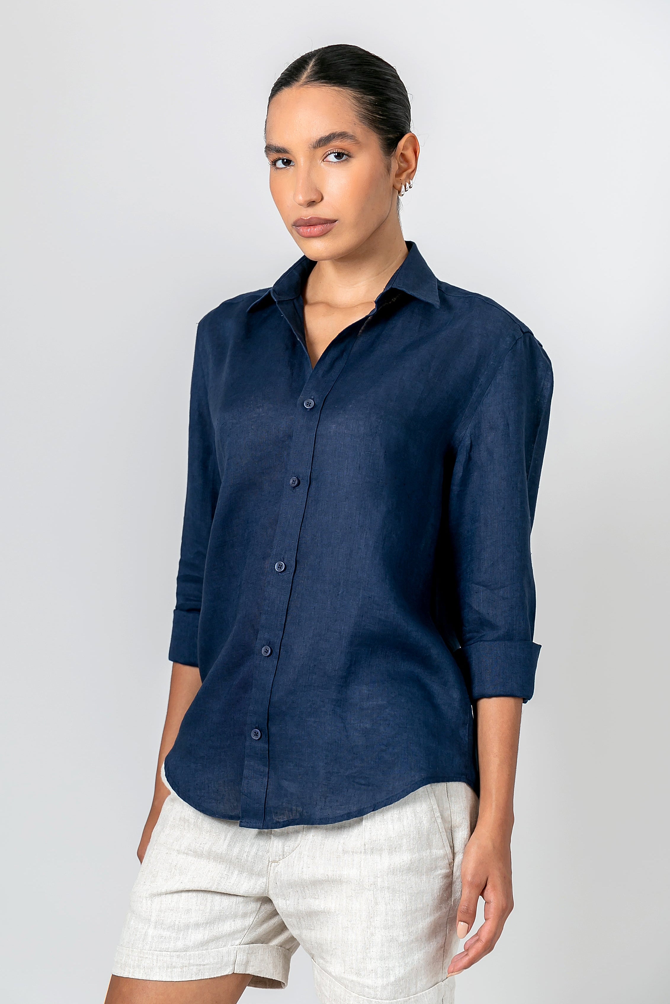Camisa 100% Linho Lisa Azul Escuro ML