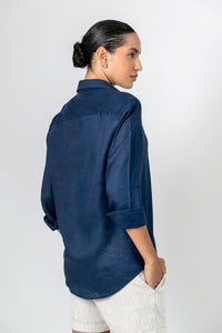 Camisa 100% Linho Lisa Azul Escuro ML