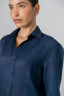 Camisa 100% Linho Lisa Azul Escuro ML