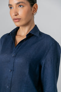 Camisa 100% Linho Lisa Azul Escuro ML