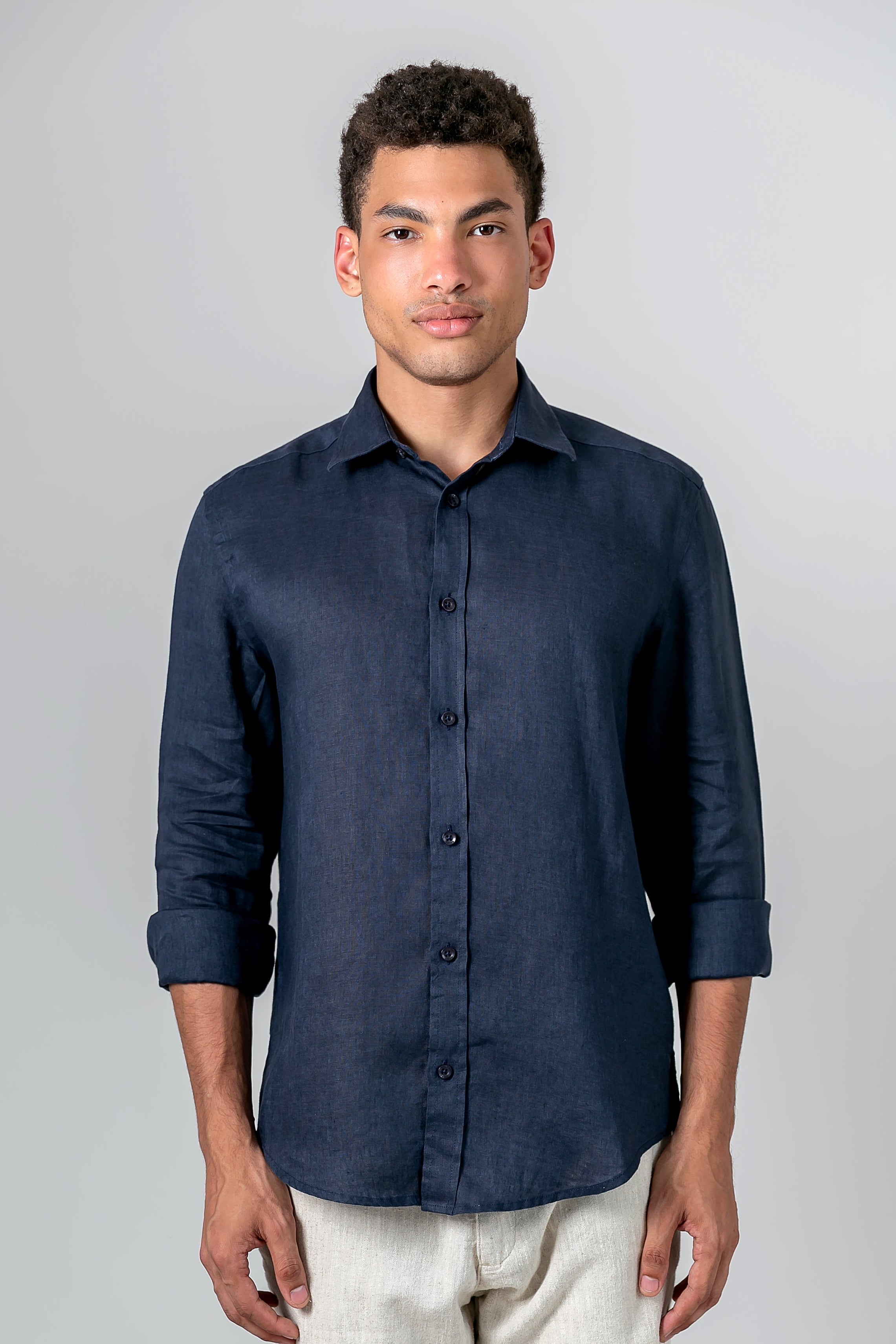 Camisa 100% Linho Lisa Azul Escuro ML