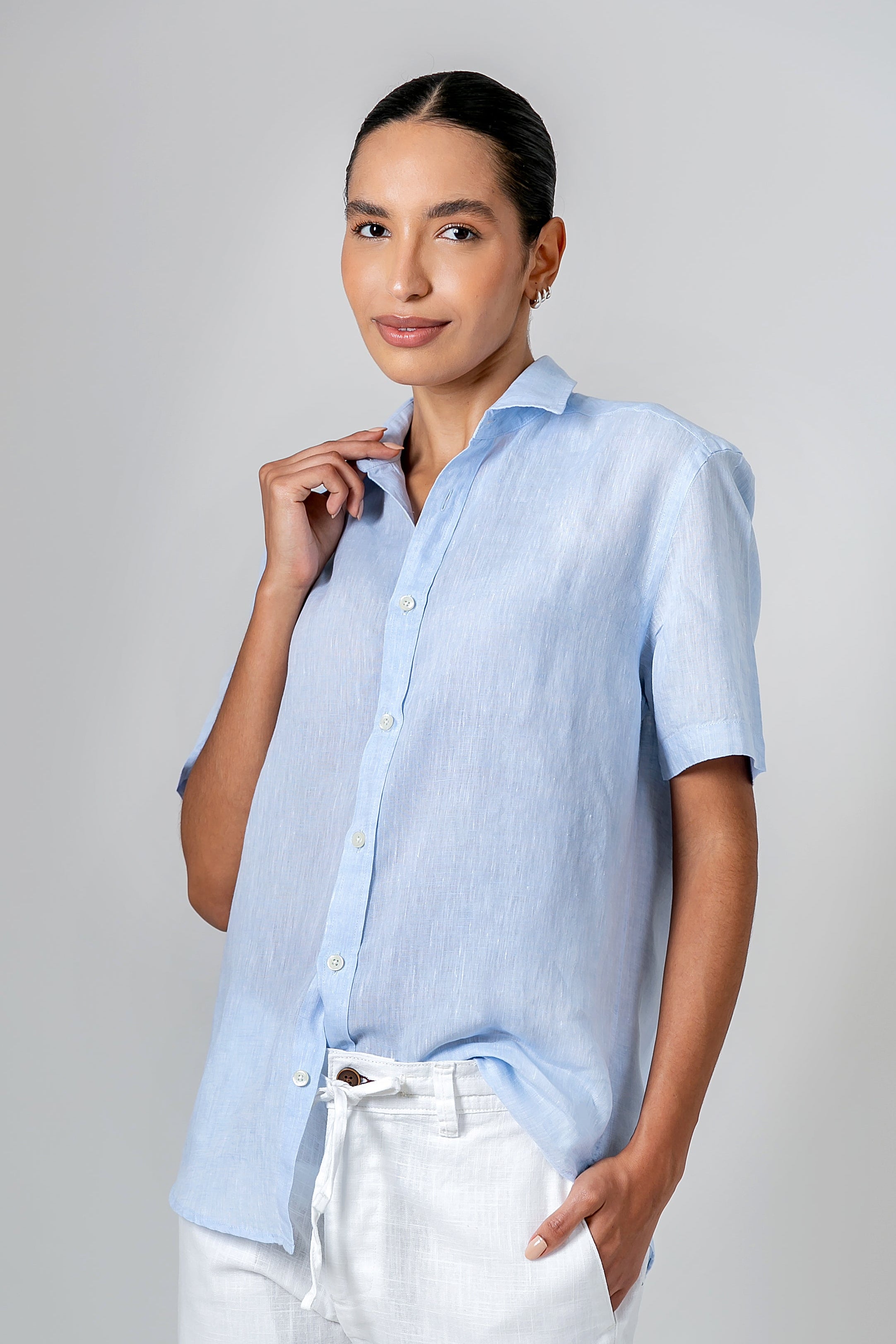 Camisa 100% Linho Lisa Azul Clara MC