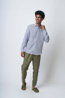 Camisa 100% Linho Listra Larga Azul Escuro ML
