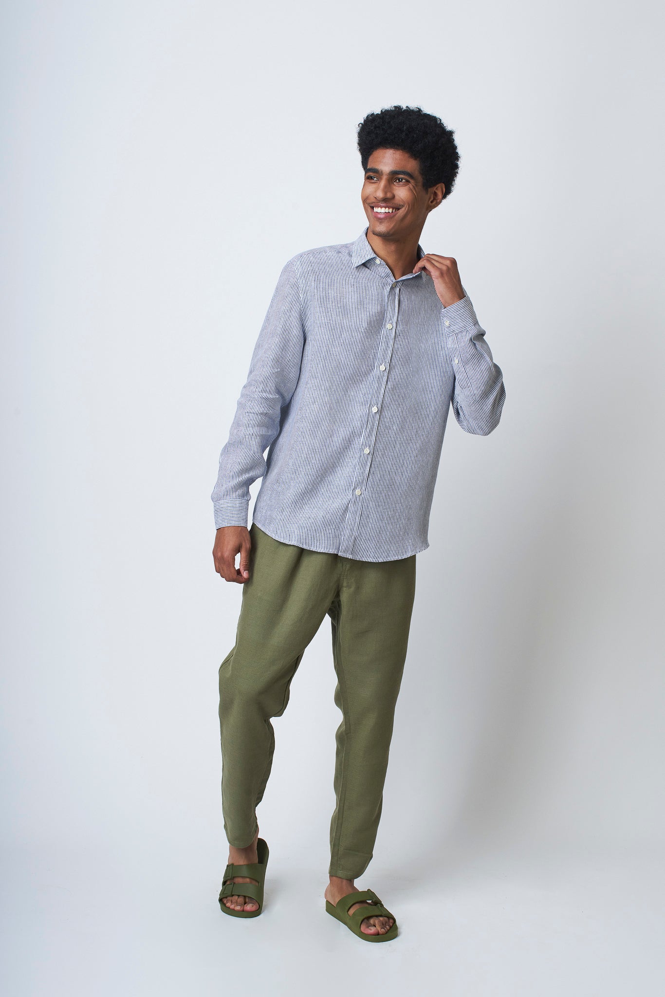 Camisa 100% Linho Listra Larga Azul Escuro ML