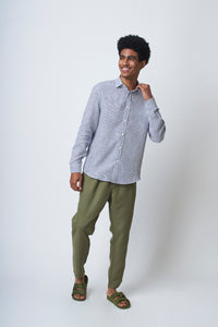 Camisa 100% Linho Listra Larga Azul Escuro ML