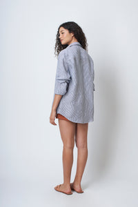 Camisa 100% Linho Listra Larga Azul Escuro ML
